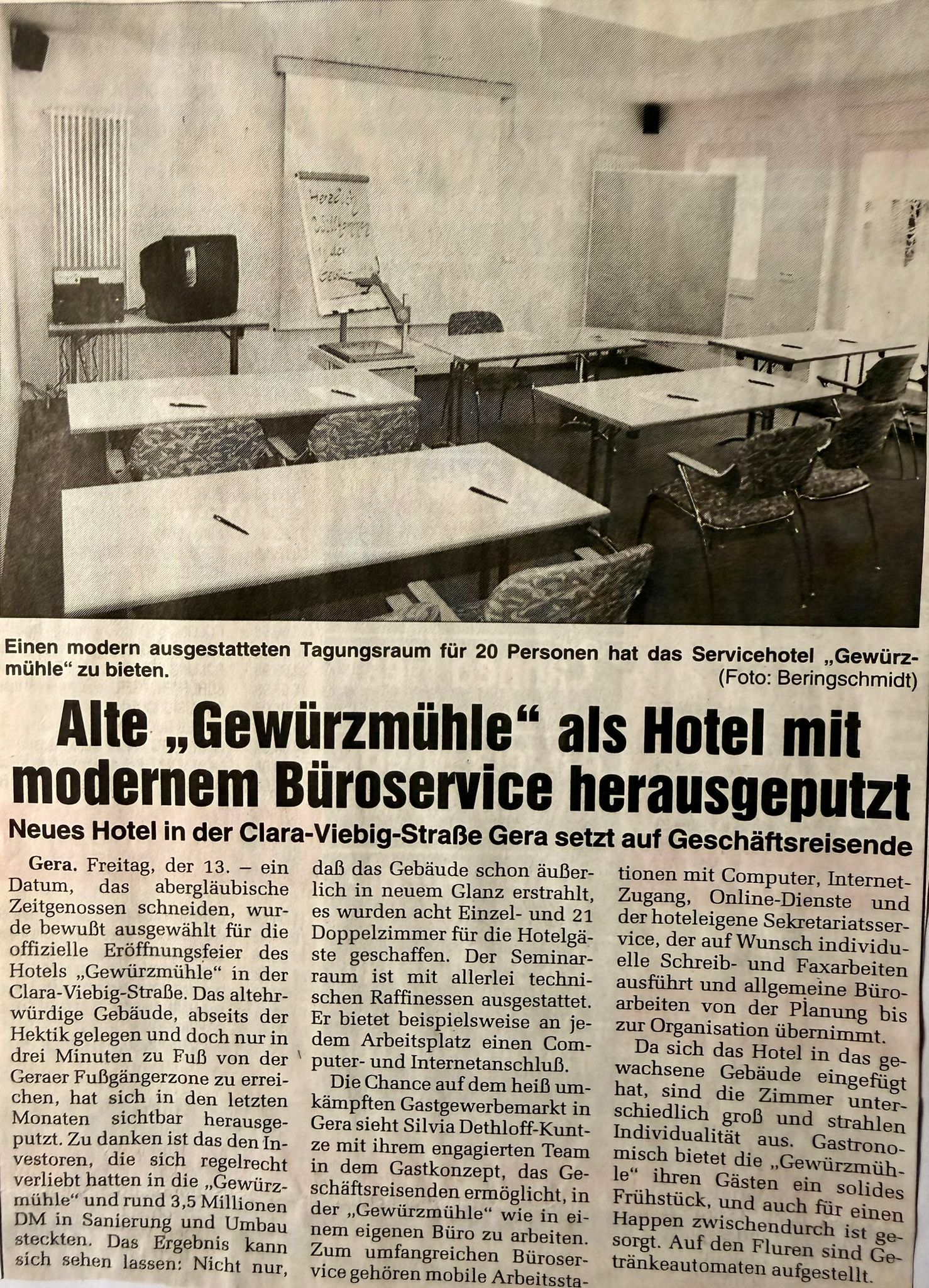 Article de journal sur l'ouverture de l'hôtel en 1998